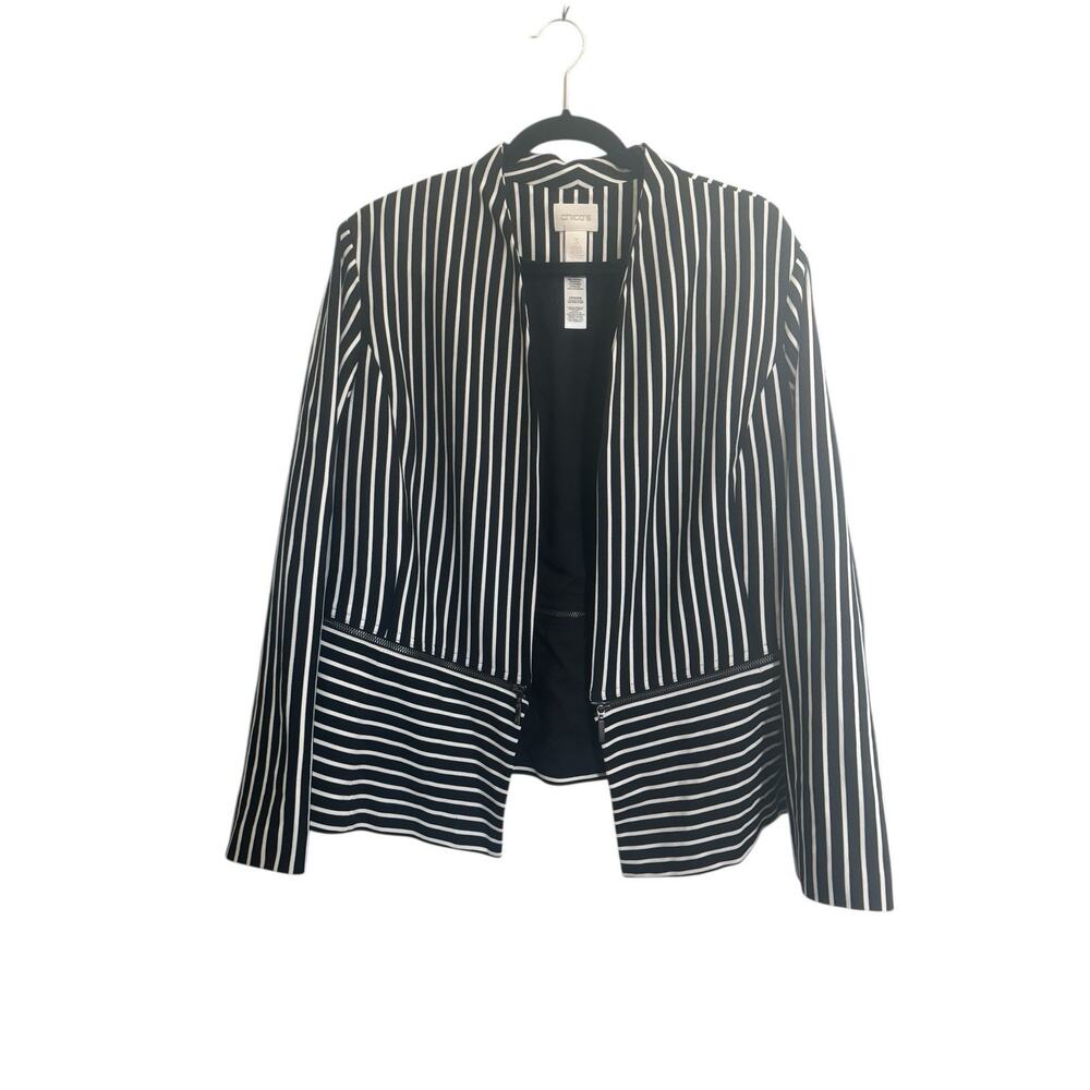 Chicos Size 3 Jacket Black White Stripe Convertible Bolero Blazer #5810